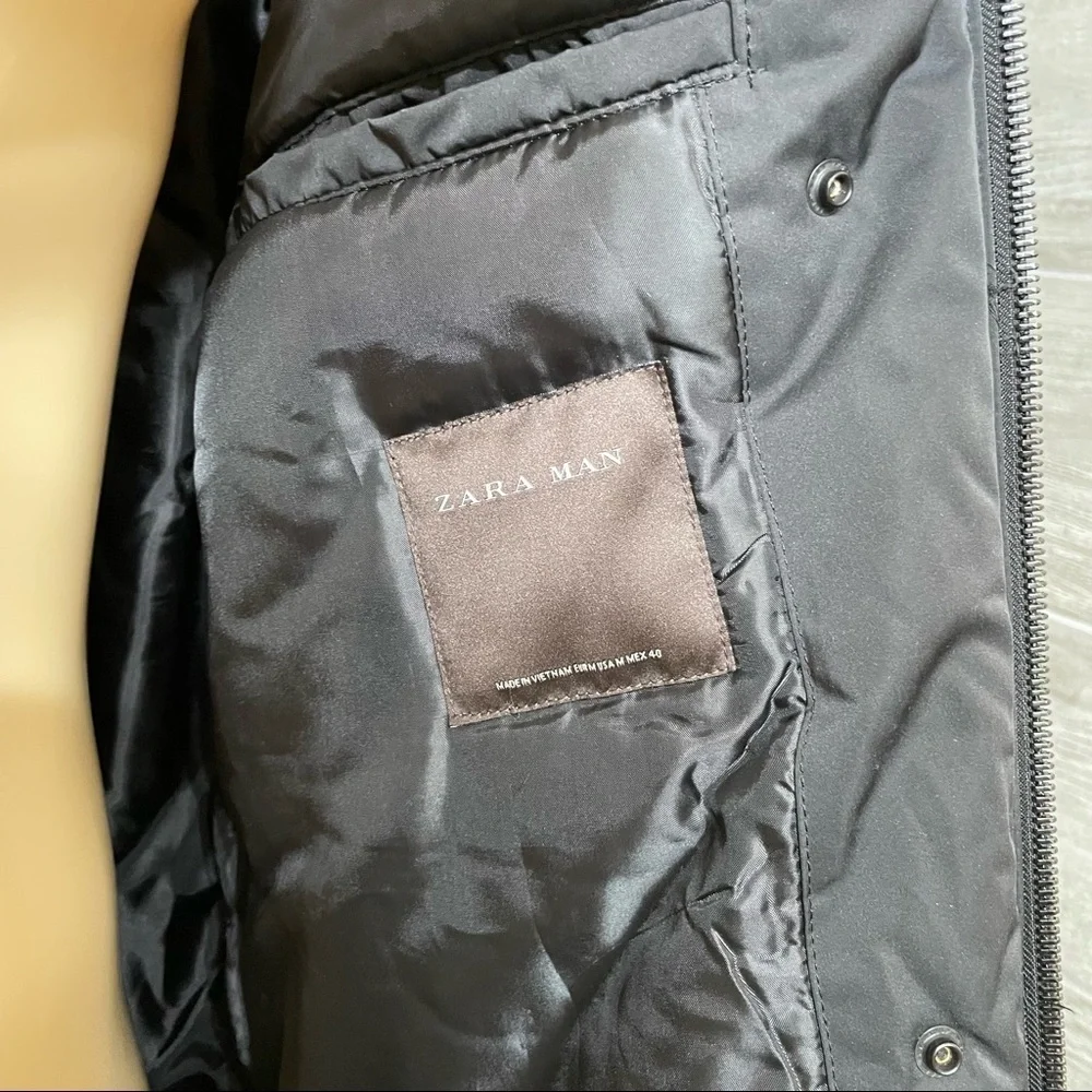 Zara‎ Man Black Faux Fur Hooded Zipper Front Windbreaker Coat Size M
